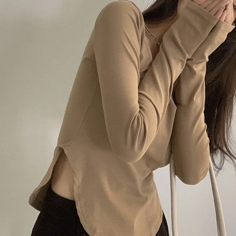 [ Korean Style] 2 Colors Slim Fit U-Neck Long Sleeve Tee