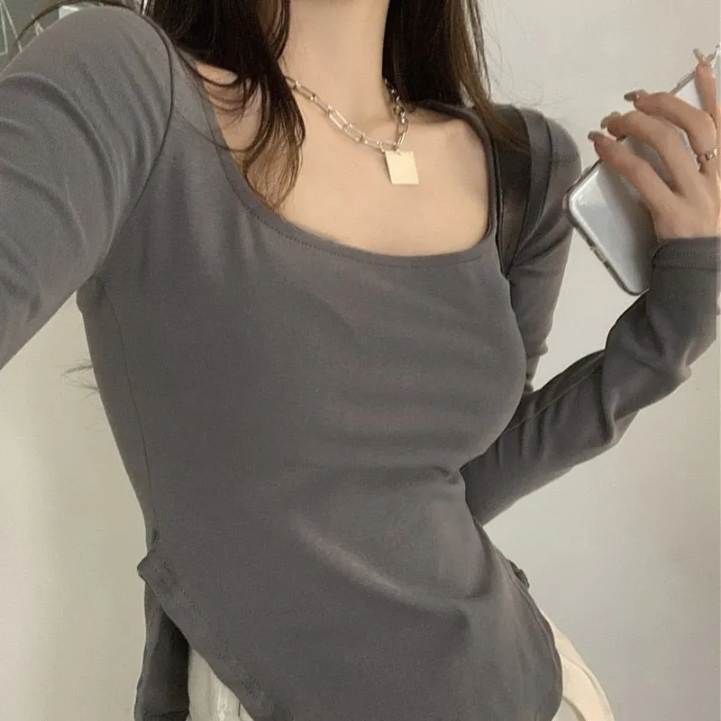 [ Korean Style] 2 Colors Slim Fit U-Neck Long Sleeve Tee