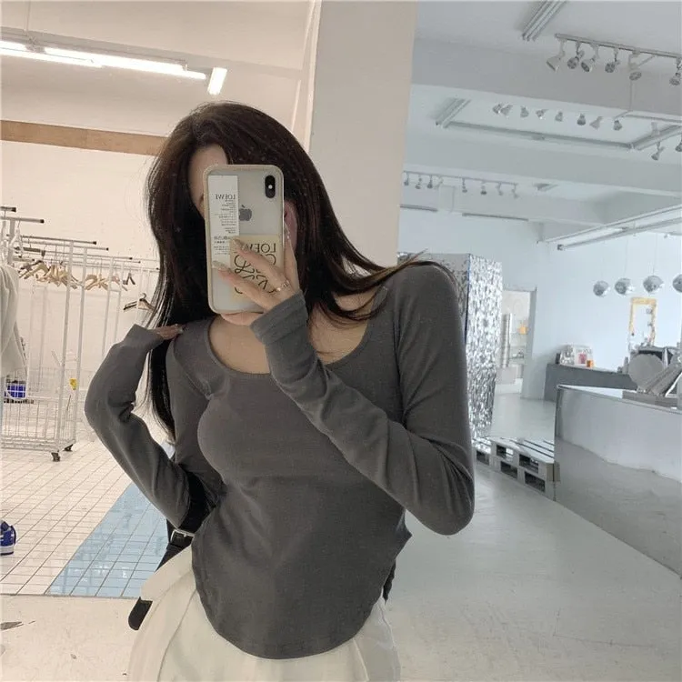 [ Korean Style] 2 Colors Slim Fit U-Neck Long Sleeve Tee