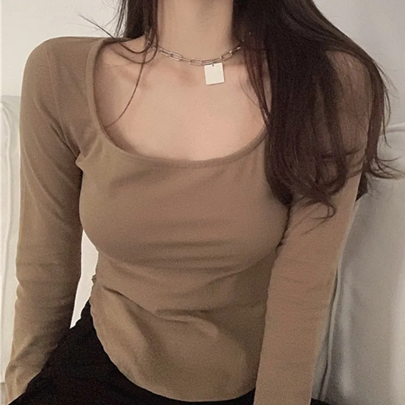 [ Korean Style] 2 Colors Slim Fit U-Neck Long Sleeve Tee