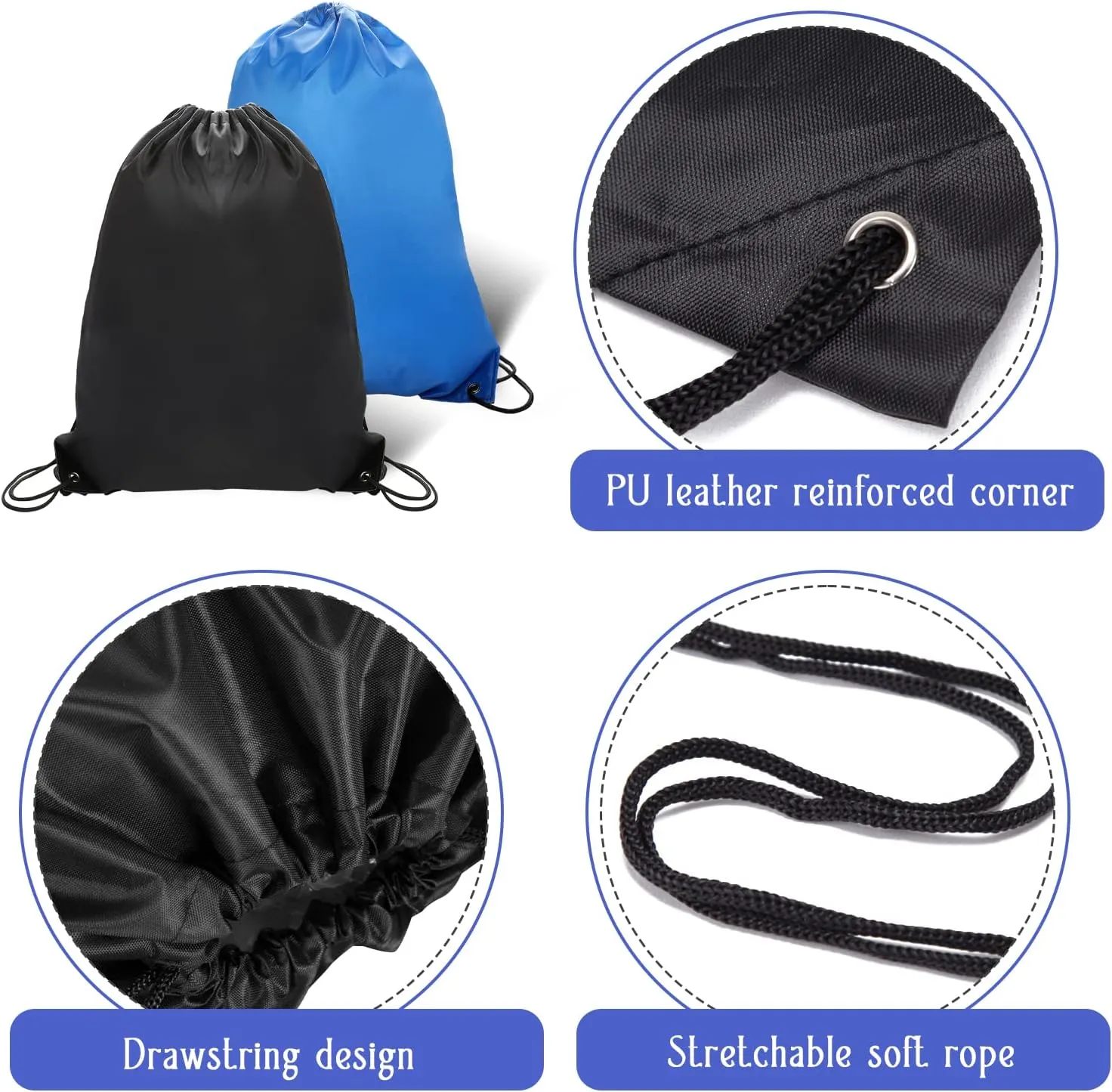 2PCS Drawstring Bags PE Bags Drawstring Gym Bag Black Draw String Bags Drawstring Backpack for Sports, Gym, Travel, Swimming, Beach