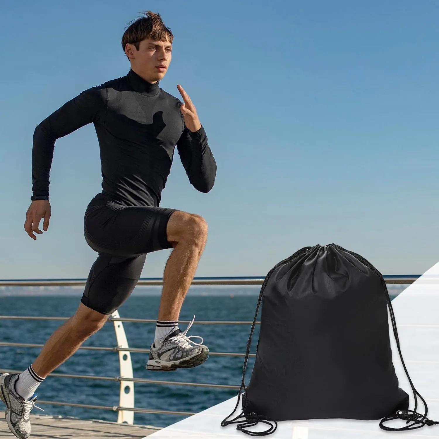 2PCS Drawstring Bags PE Bags Drawstring Gym Bag Black Orange Draw String Bags Drawstring Backpack for Sports, Gym, Travel, Swimming, Beach