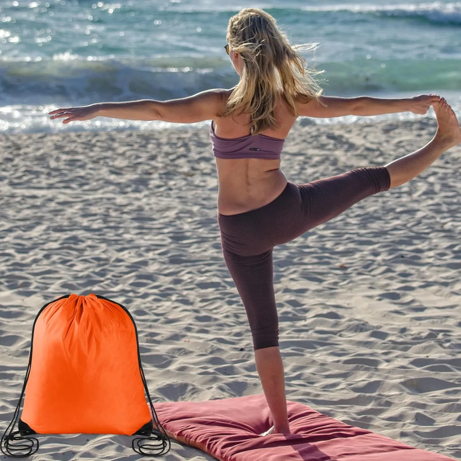 2PCS Drawstring Bags PE Bags Drawstring Gym Bag Black Orange Draw String Bags Drawstring Backpack for Sports, Gym, Travel, Swimming, Beach