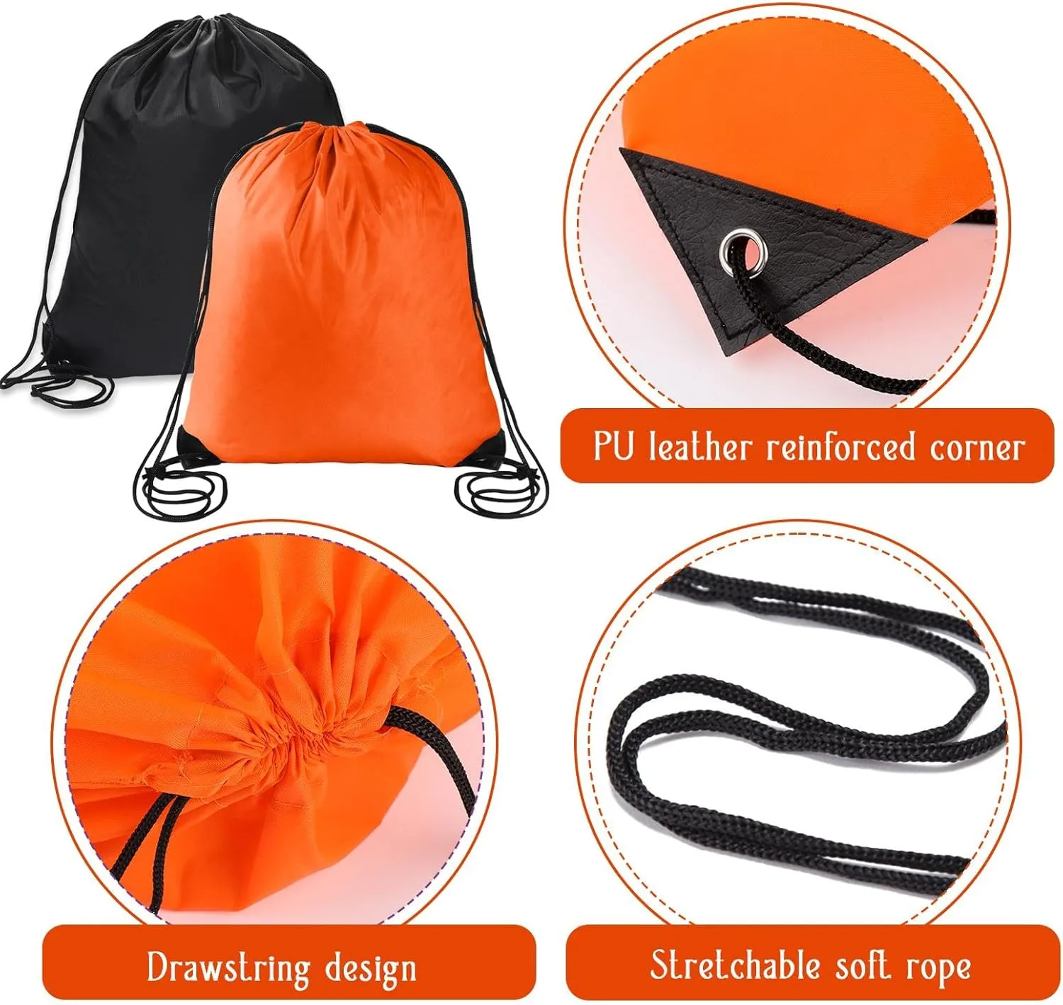2PCS Drawstring Bags PE Bags Drawstring Gym Bag Black Orange Draw String Bags Drawstring Backpack for Sports, Gym, Travel, Swimming, Beach