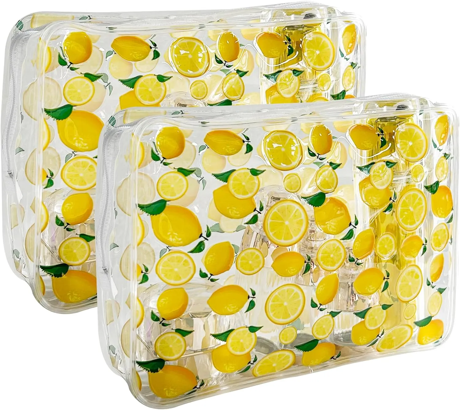 2PCS Lemon Transparent PVC Cosmetic Bag, Portable Waterproof Storage Bag Tsa Approved Toiletry Bag for Girls' Cosmetics and Toiletries. (Lemon Printing-2pcs, D1184-B033-4)