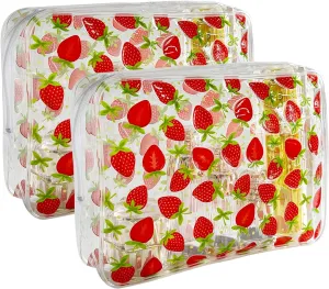 2PCS Strawberry Transparent PVC Cosmetic Bag, Portable Waterproof Storage Bag for Girls' Cosmetics and Toiletries. (Strawberry Printing-2pcs, D1184-B033-3)