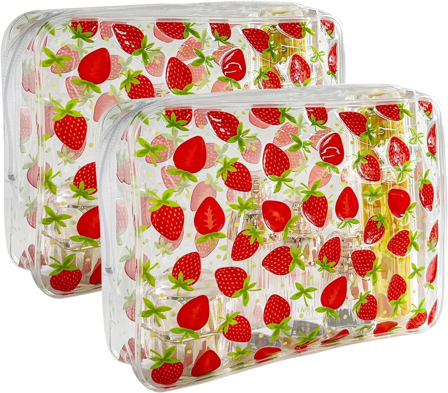 2PCS Strawberry Transparent PVC Cosmetic Bag, Portable Waterproof Storage Bag for Girls' Cosmetics and Toiletries. (Strawberry Printing-2pcs, D1184-B033-3)