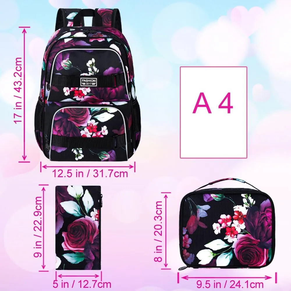 3Pcs Backpack for Girls Boys, 17 Inch School Bookbag with Lunch Box, Durable Laptop Backpacks Set for Teens College