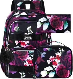 3Pcs Backpack for Girls Boys, 17 Inch School Bookbag with Lunch Box, Durable Laptop Backpacks Set for Teens College