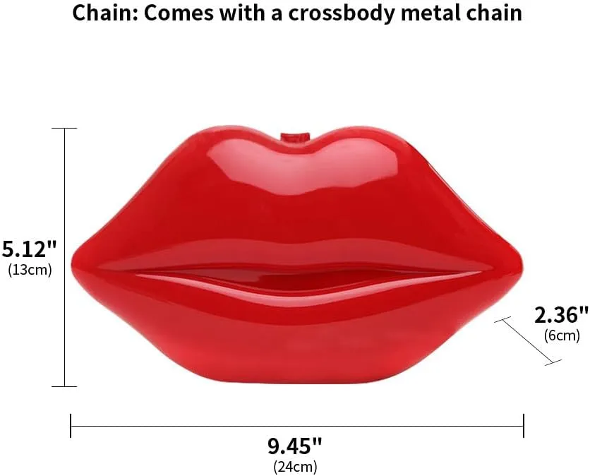 Acrylic Clutch Purse for Wedding Lip Shaped Evening Handbag Fun Evening Bag Crossbody Shoulder Bag with Metal Chain Red