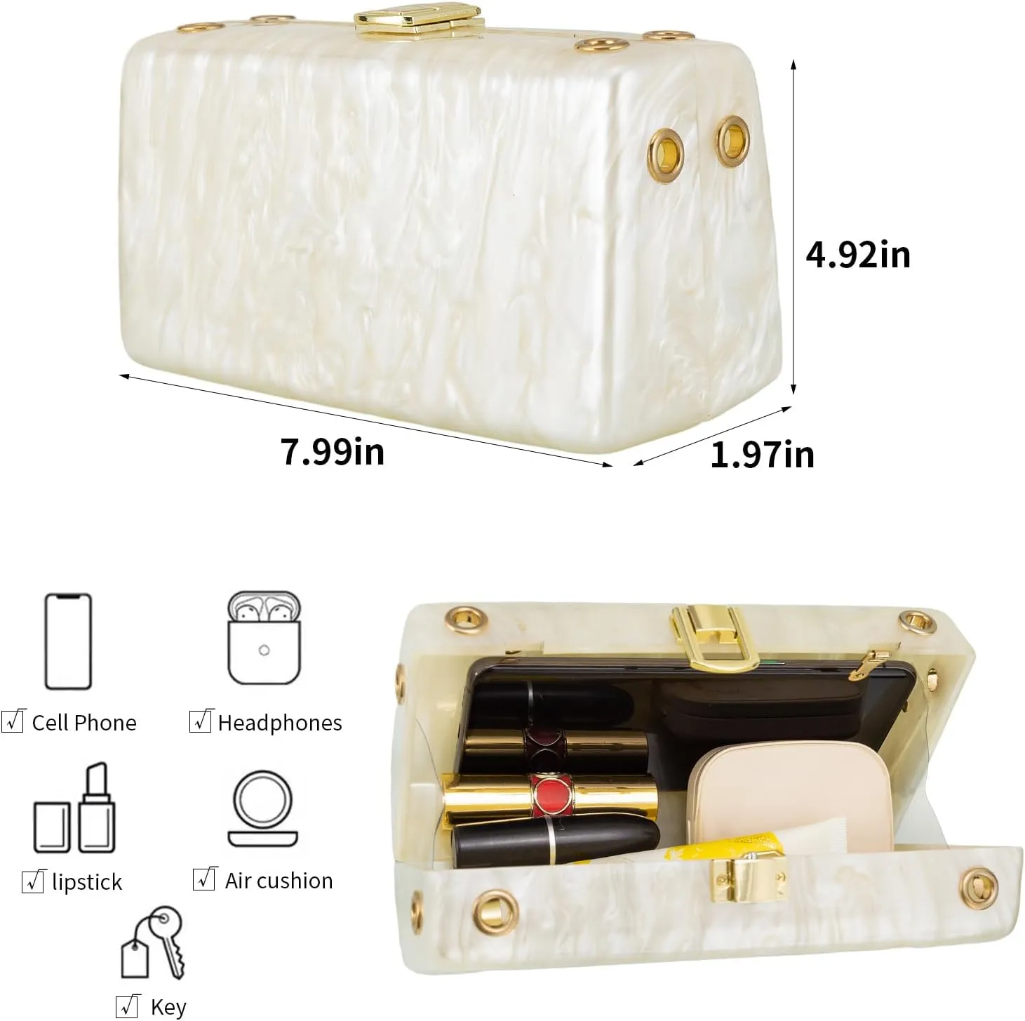 Acrylic Purses Evening Clutch Bag Marbling Handbags for Women Cross Body Bag with Pearl Chain Formal Wedding Prom Party