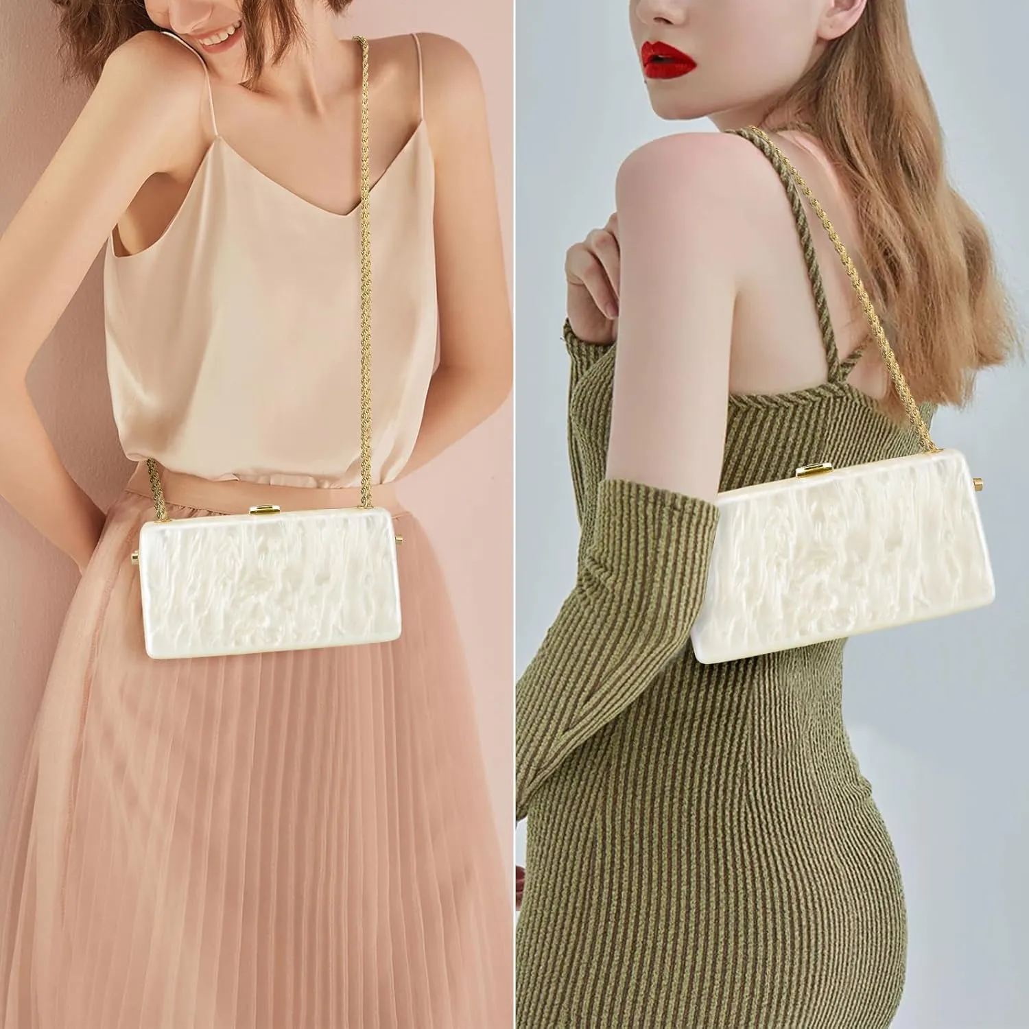 Acrylic Purses Evening Clutch Bag Marbling Handbags for Women Cross Body Bag with Pearl Chain Formal Wedding Prom Party