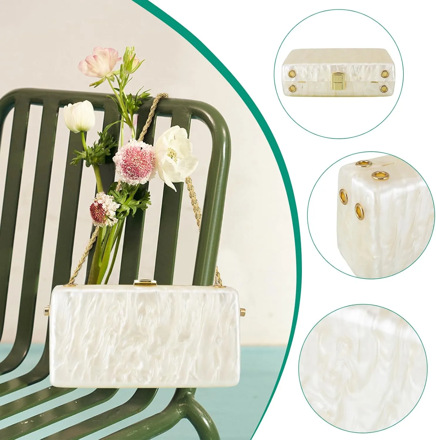 Acrylic Purses Evening Clutch Bag Marbling Handbags for Women Cross Body Bag with Pearl Chain Formal Wedding Prom Party