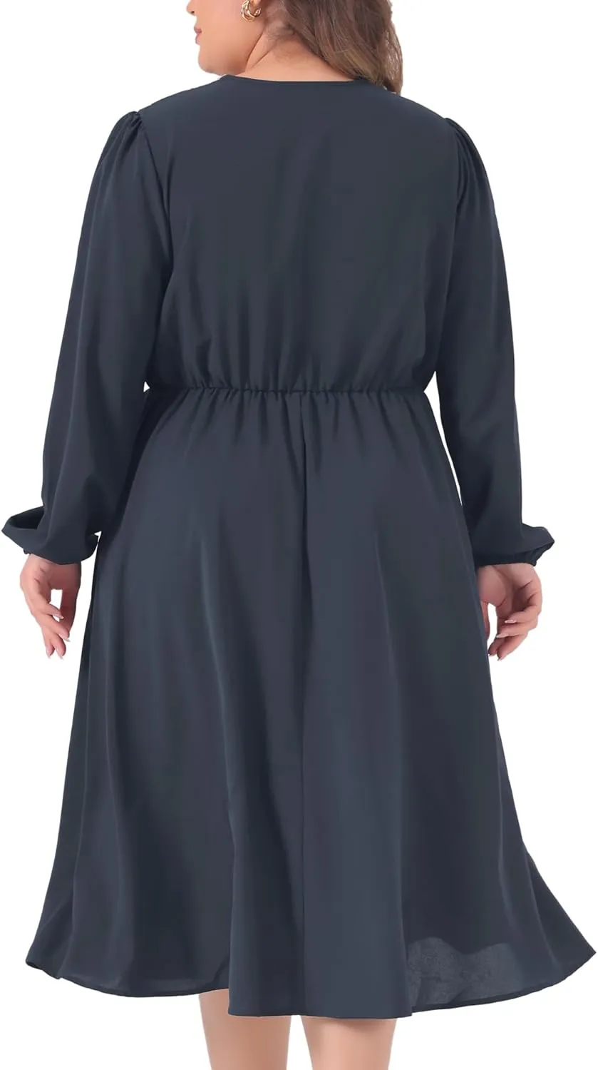 Agnes Orinda Plus Size Dress for Women 2024 Fall Lace Trim V Neck Long Sleeve Stretchy Casual Midi Dresses
