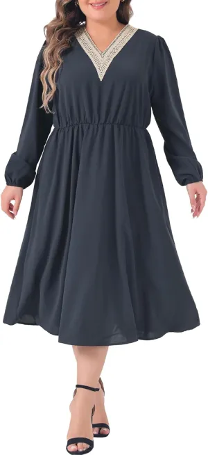 Agnes Orinda Plus Size Dress for Women 2024 Fall Lace Trim V Neck Long Sleeve Stretchy Casual Midi Dresses