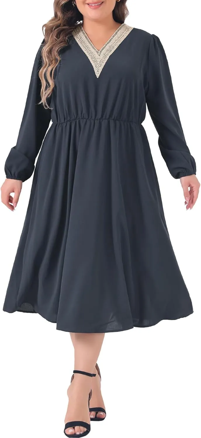 Agnes Orinda Plus Size Dress for Women 2024 Fall Lace Trim V Neck Long Sleeve Stretchy Casual Midi Dresses