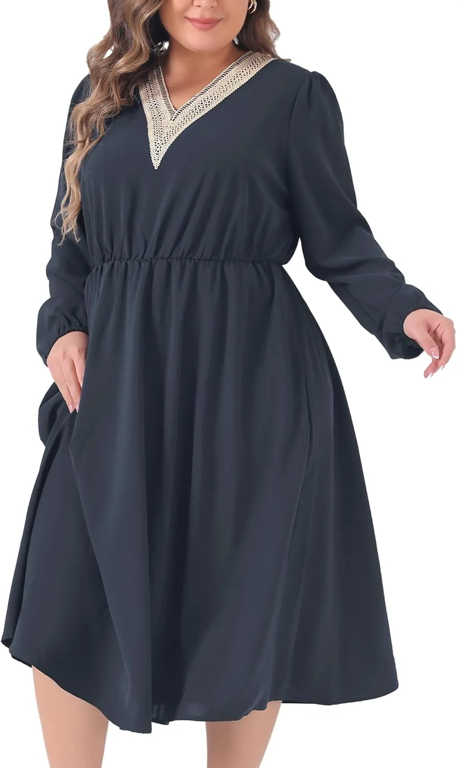 Agnes Orinda Plus Size Dress for Women 2024 Fall Lace Trim V Neck Long Sleeve Stretchy Casual Midi Dresses