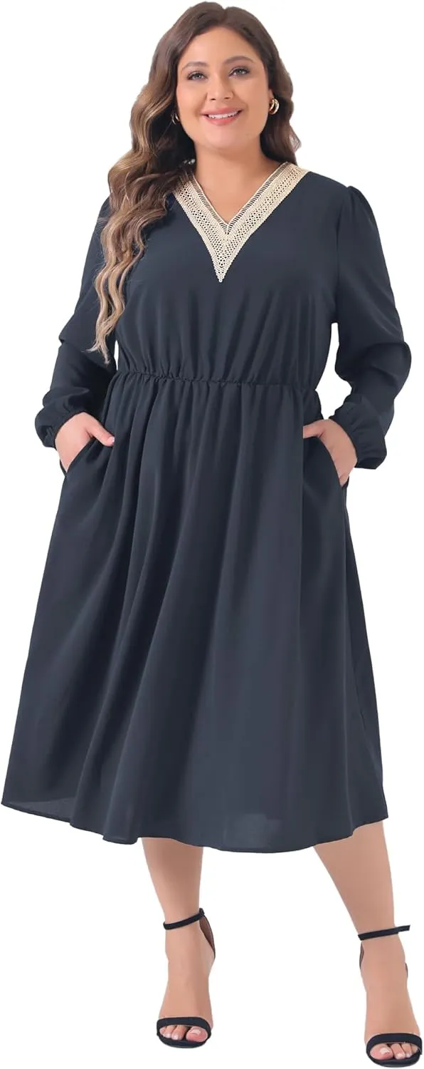 Agnes Orinda Plus Size Dress for Women 2024 Fall Lace Trim V Neck Long Sleeve Stretchy Casual Midi Dresses