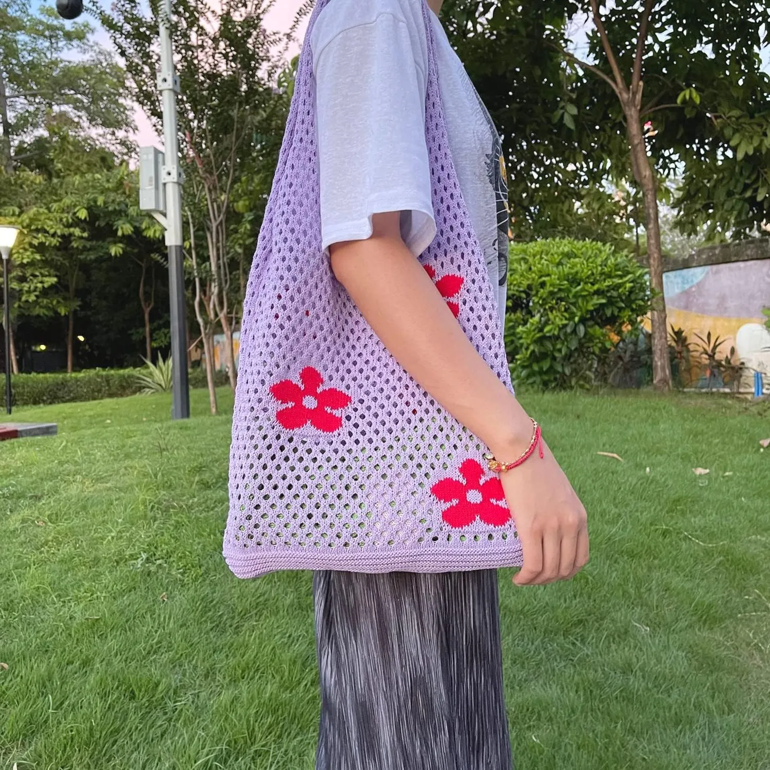AIYUENCICI Crochet Tote, Fairy Hobo for Women - Y2k Purse, Knitted Shoulder Bag for Girls - Mesh Beach Bags