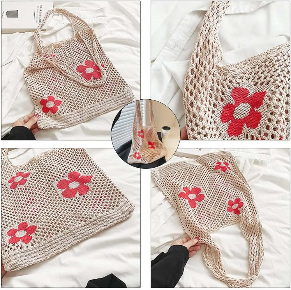 AIYUENCICI Crochet Tote, Fairy Hobo for Women - Y2k Purse, Knitted Shoulder Bag for Girls - Mesh Beach Bags