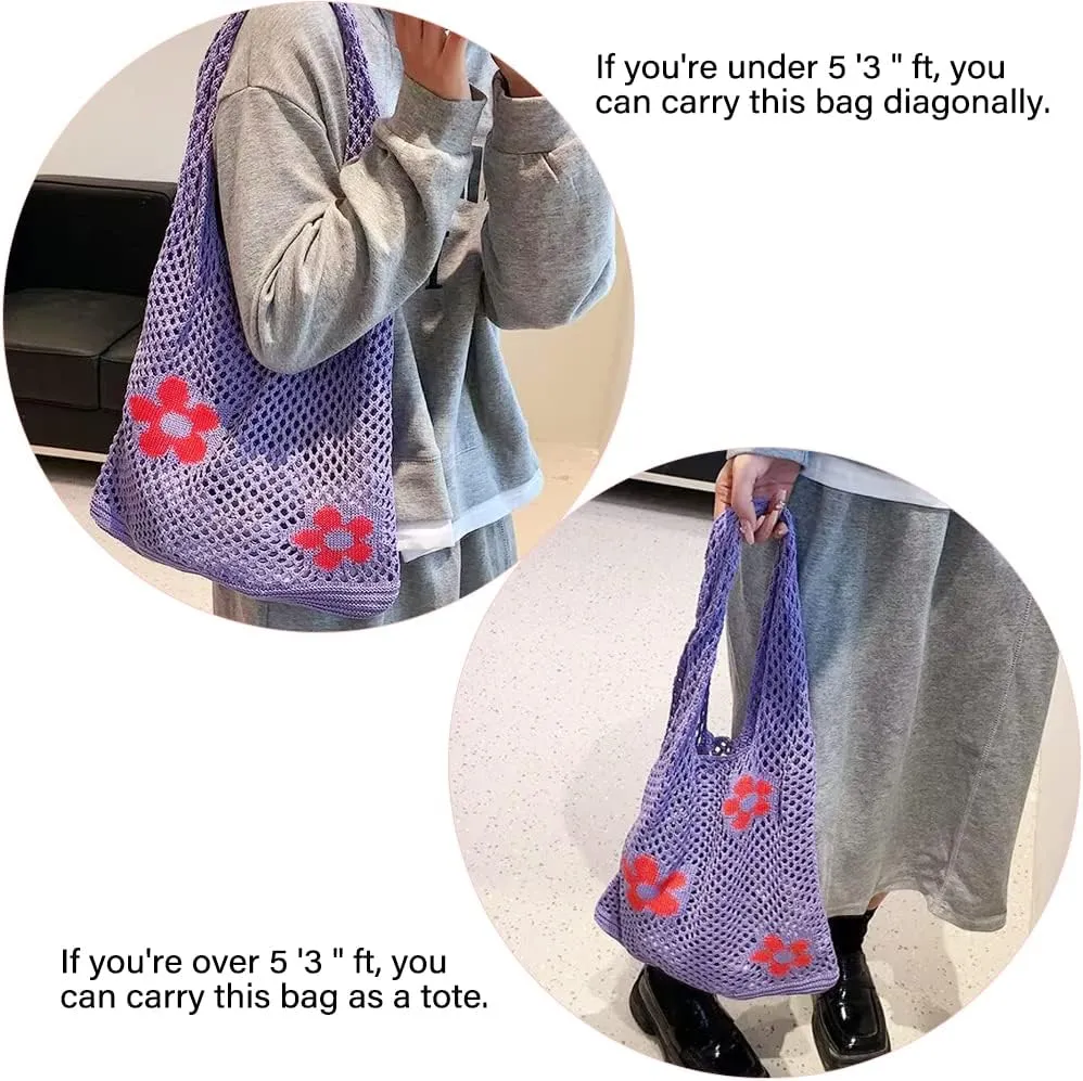 AIYUENCICI Crochet Tote, Fairy Hobo for Women - Y2k Purse, Knitted Shoulder Bag for Girls - Mesh Beach Bags