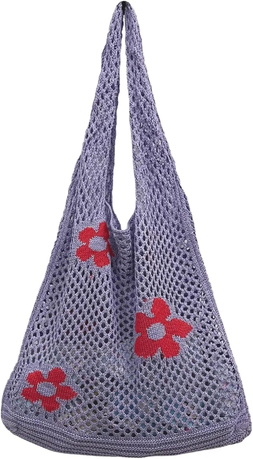 AIYUENCICI Crochet Tote, Fairy Hobo for Women - Y2k Purse, Knitted Shoulder Bag for Girls - Mesh Beach Bags
