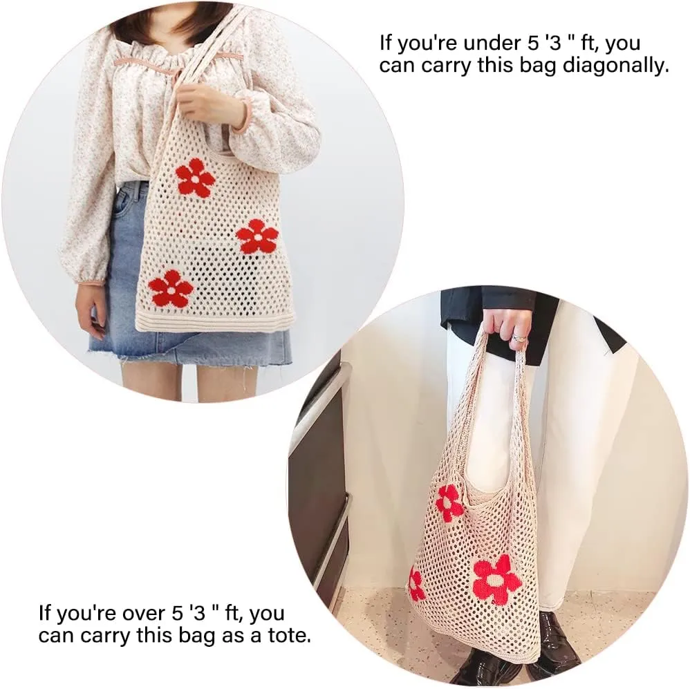AIYUENCICI Crochet Tote, Fairy Hobo for Women - Y2k Purse, Knitted Shoulder Bag for Girls - Mesh Beach Bags
