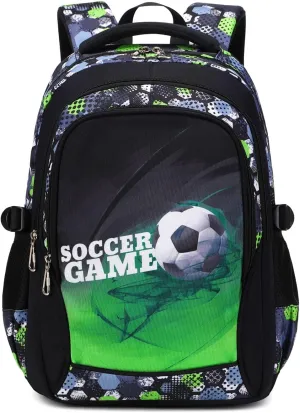 Backpack Boys Elementary School Bookbag Durable Heavy Duty Student Teenage Sturdy Kids Travel Waterproof Big (Green-Soccer)