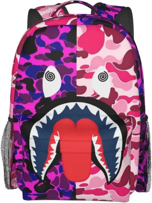 Backpack Shark Teeth Camo Backpacks Travel Laptop Daypack Big Capacity Bookbag Fashion Durable Back Pack for Men and Women- PINK
