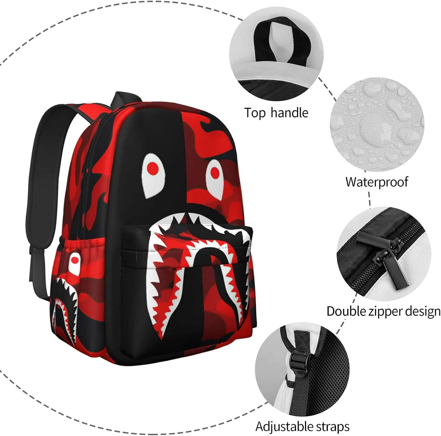Backpack Shark Teeth Camo Backpacks Travel Laptop Daypack Big Capacity Bookbag Fashion Durable for Men and Women