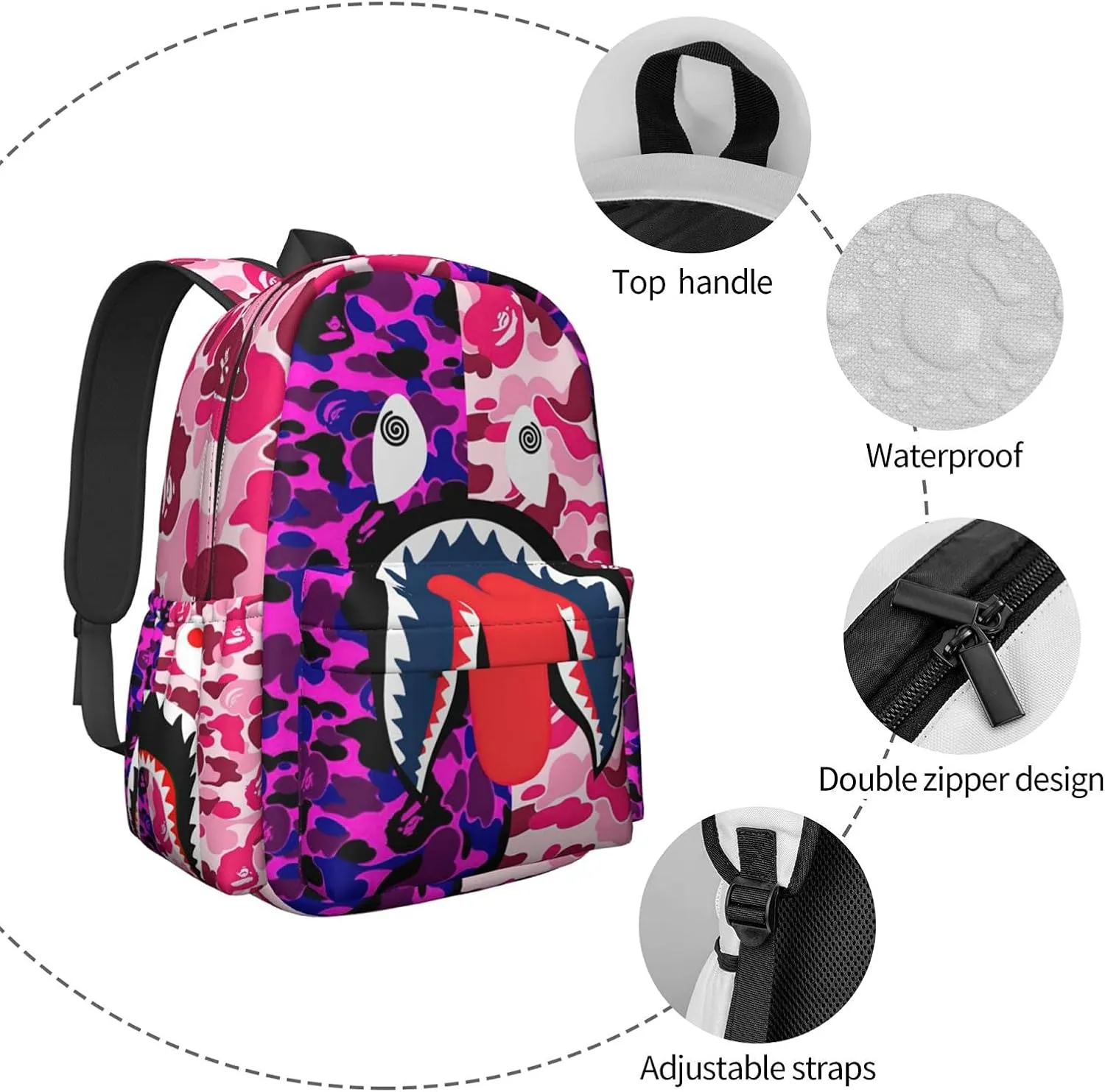 Backpack Shark Teeth Camo Backpacks Travel Laptop Daypack Big Capacity Bookbag Fashion Durable for Men and Women