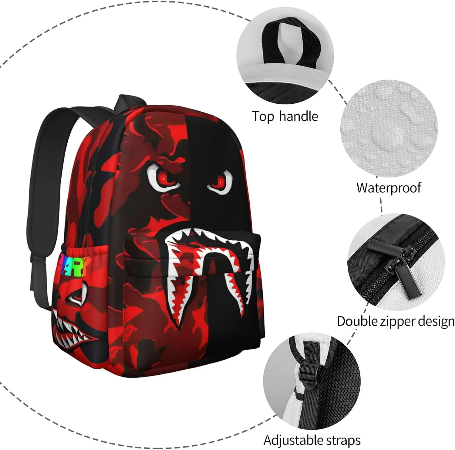 Backpack Shark Teeth Camo Backpacks Travel Laptop Daypack Big Capacity Bookbag Fashion Durable for Men and Women,One Size