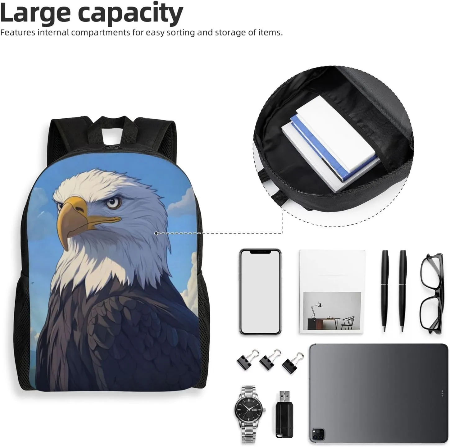 Bald Eagle Backpack Waterproof Anti Theft Durable Light Laptop Bag Backpacks For Women Men Travel Gym Backpack
