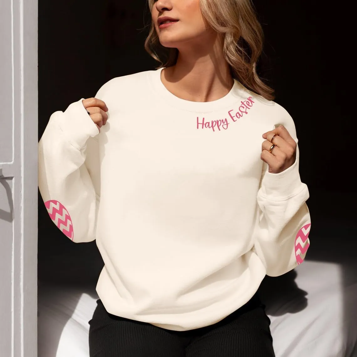 BANGELY Women Happy Easter Sweatshirt Cute Easter Egg Graphic Long Sleeve Shirt Easter Letter Print Pullover Sweatshirts