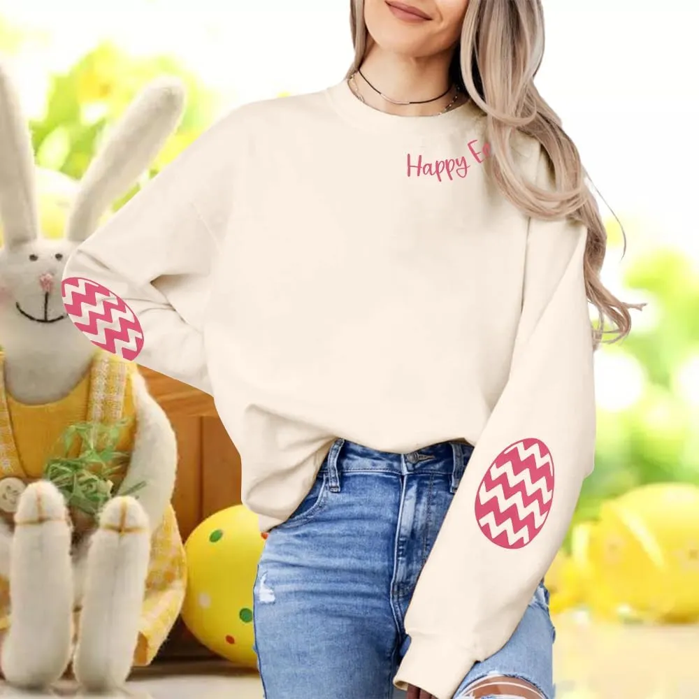 BANGELY Women Happy Easter Sweatshirt Cute Easter Egg Graphic Long Sleeve Shirt Easter Letter Print Pullover Sweatshirts