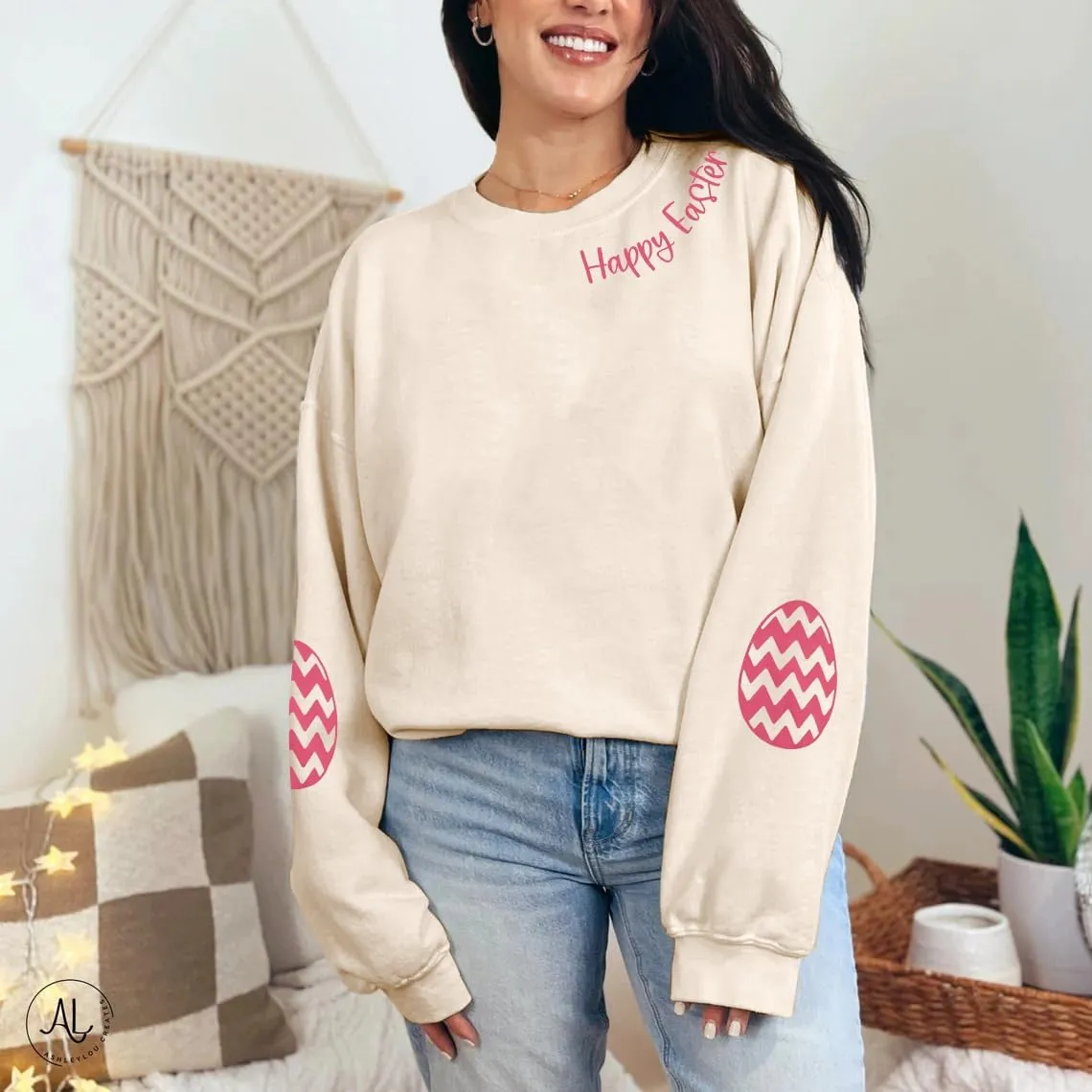 BANGELY Women Happy Easter Sweatshirt Cute Easter Egg Graphic Long Sleeve Shirt Easter Letter Print Pullover Sweatshirts