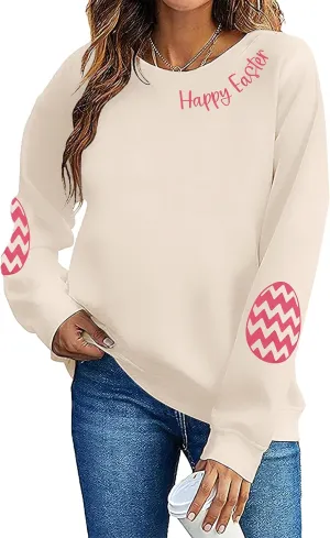 BANGELY Women Happy Easter Sweatshirt Cute Easter Egg Graphic Long Sleeve Shirt Easter Letter Print Pullover Sweatshirts