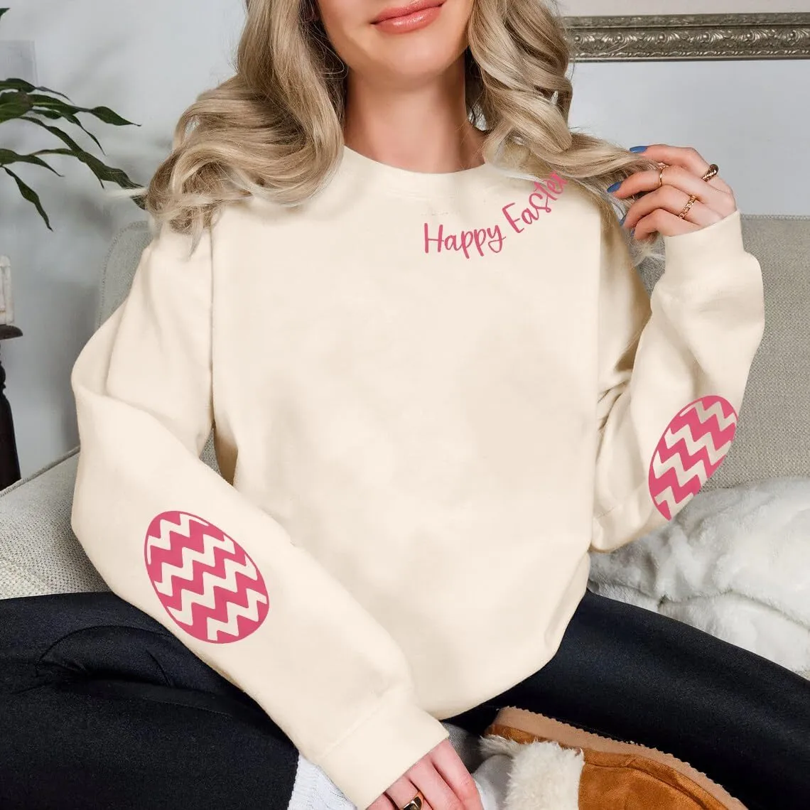 BANGELY Women Happy Easter Sweatshirt Cute Easter Egg Graphic Long Sleeve Shirt Easter Letter Print Pullover Sweatshirts