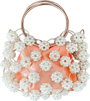 Beaded Purse Pearl Beaded Handbag Clutch for Women with Metal Top Handle, Floral Bead Overlay and Satin Base, Elegant Dressy Bag for Wedding Guest, Party, Cocktail, Bridal Accessory(Orange)