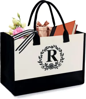 BeeGreen Gift Basket Monogram Initial Canvas Tote Bag with Pocket Embroidery Personalized Tote for Mom Teacher Friend