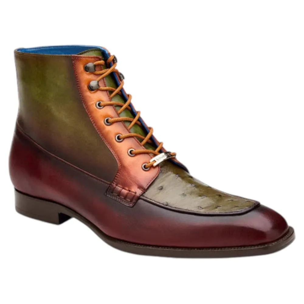 Belvedere Burgundy-Olive Greco R79 Men's Shoes Exotic Ostrich Calf-Skin Leather Boots