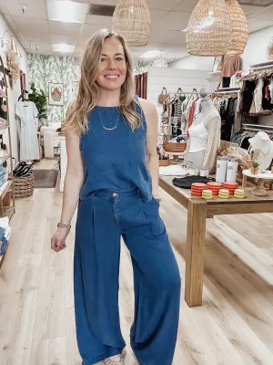 Blue Ridge Dark Chambray Top and Wide Leg Pant Set