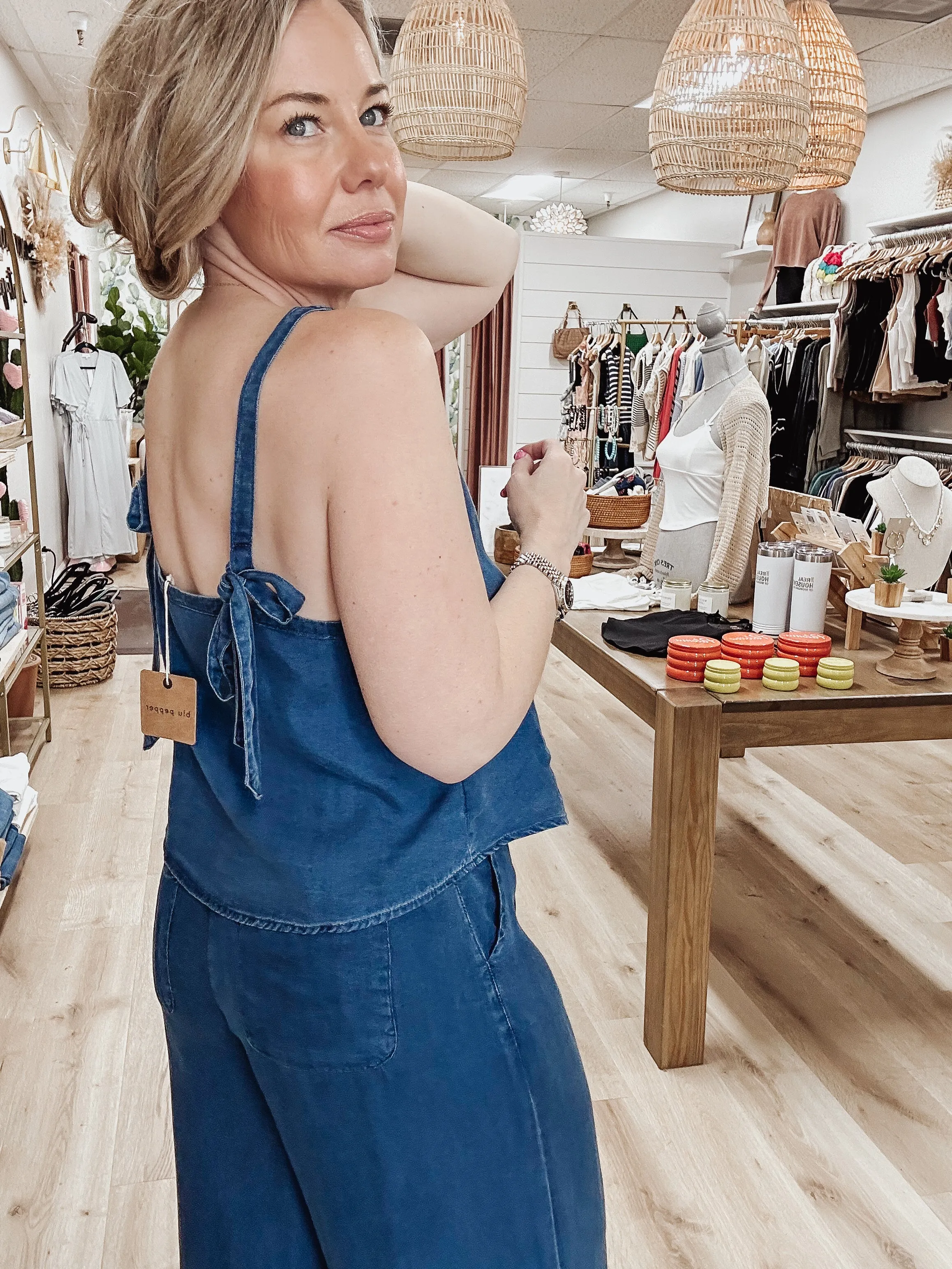 Blue Ridge Dark Chambray Top and Wide Leg Pant Set