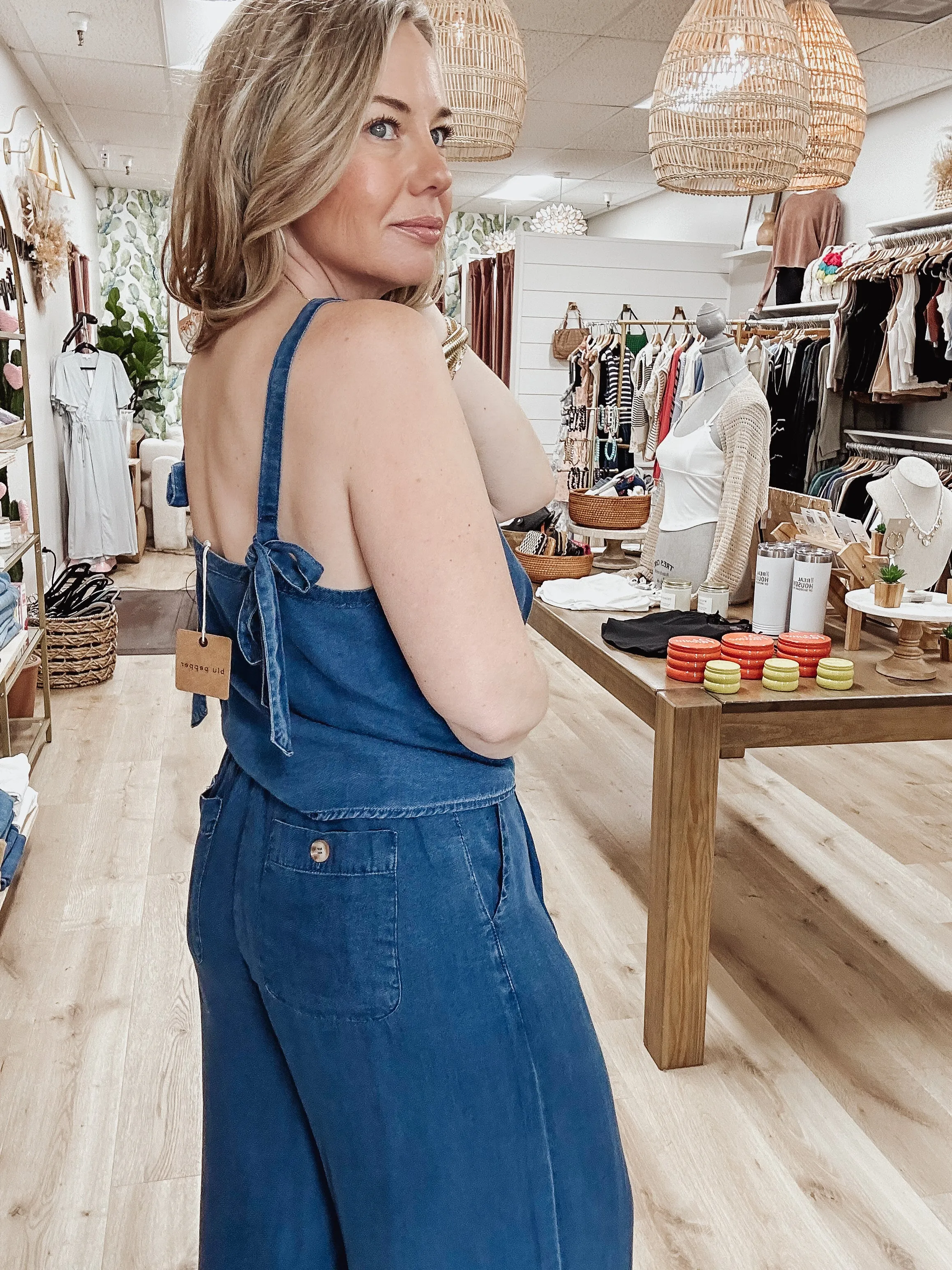 Blue Ridge Dark Chambray Top and Wide Leg Pant Set