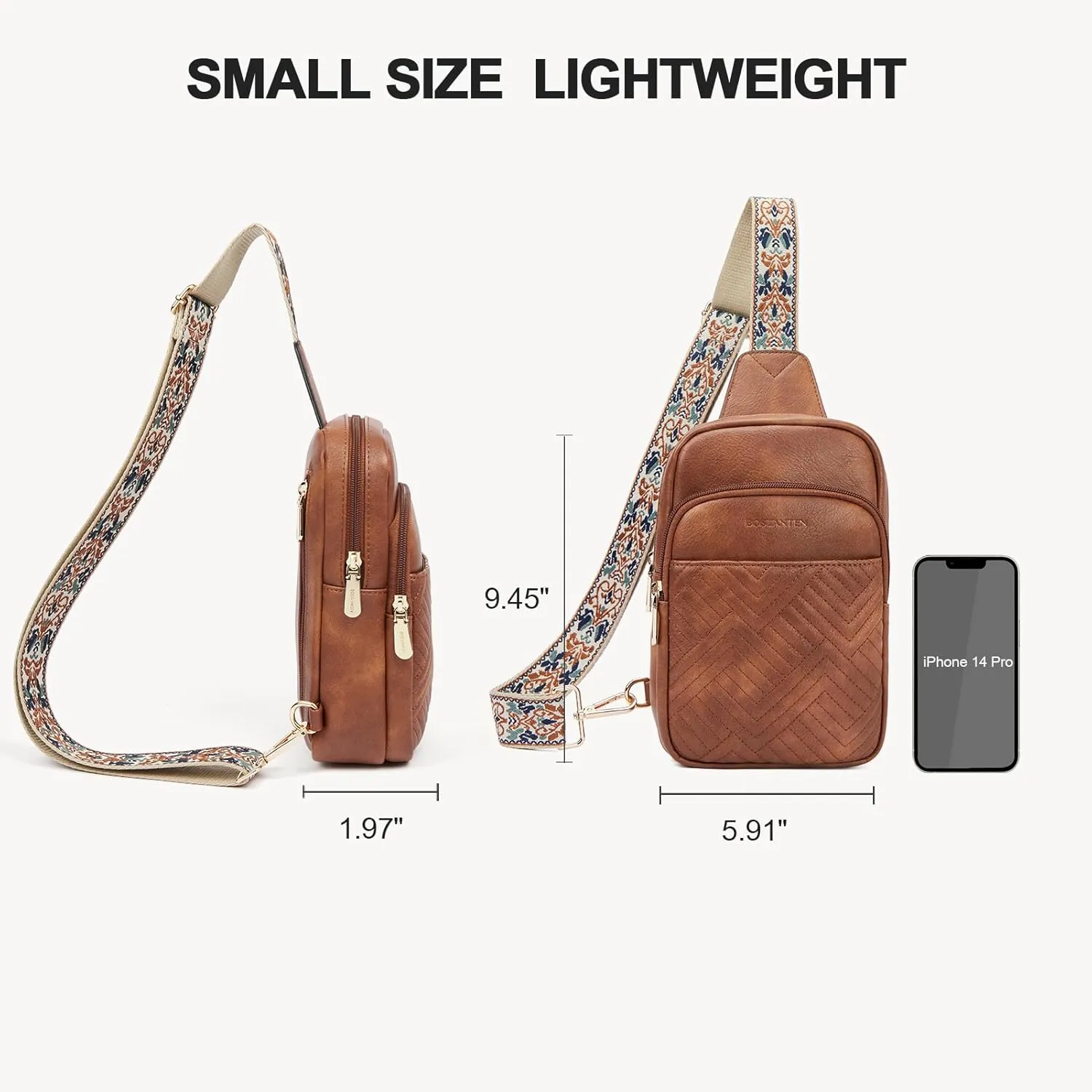 BOSTANTEN Sling Bag Quilted Crossbody Bags for Women Cross Body Purse Leather Fanny Pack with Adjustable Guitar Strap