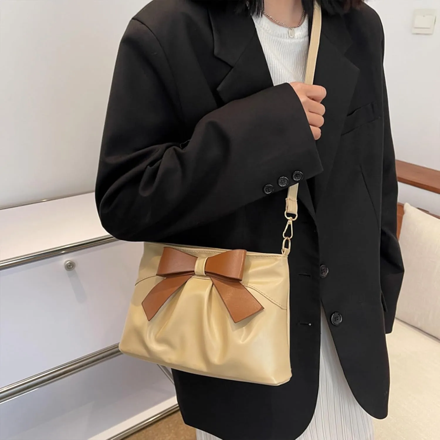 Bow Clutch Evening Handbag Purse for Women Bridal Soft Leather Ruched Crossbody Bags Shoulder Bag