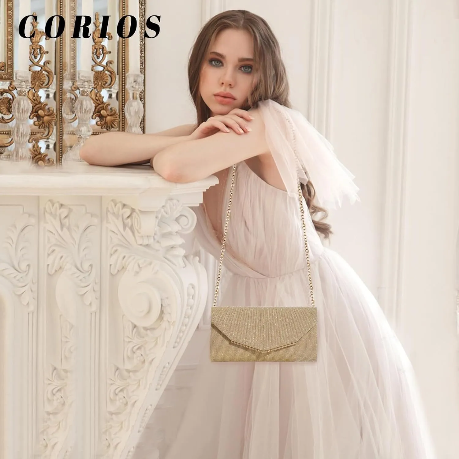 Bridal Wedding Purse Shiny Handbag with Detachable Chain Elegant Crossbody Shoulder Women Envelope Clutch