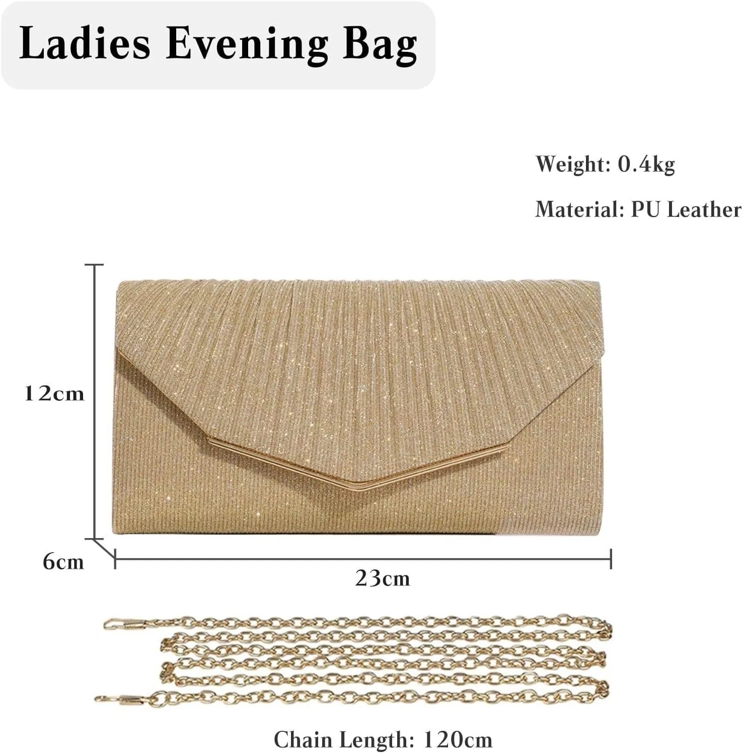 Bridal Wedding Purse Shiny Handbag with Detachable Chain Elegant Crossbody Shoulder Women Envelope Clutch