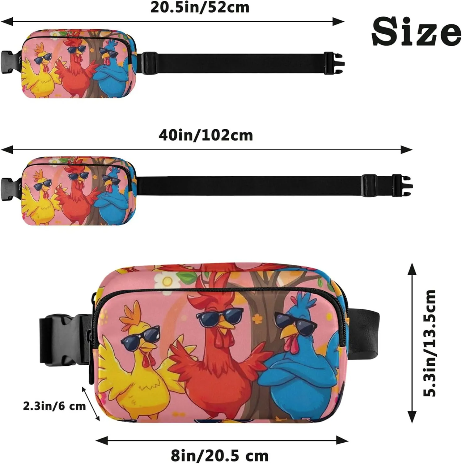 Cartoon Fun Colorful Chicken Fanny Packs for Women Waterproof Hip Pack Belt Bag Fashion Waist Bag for Women