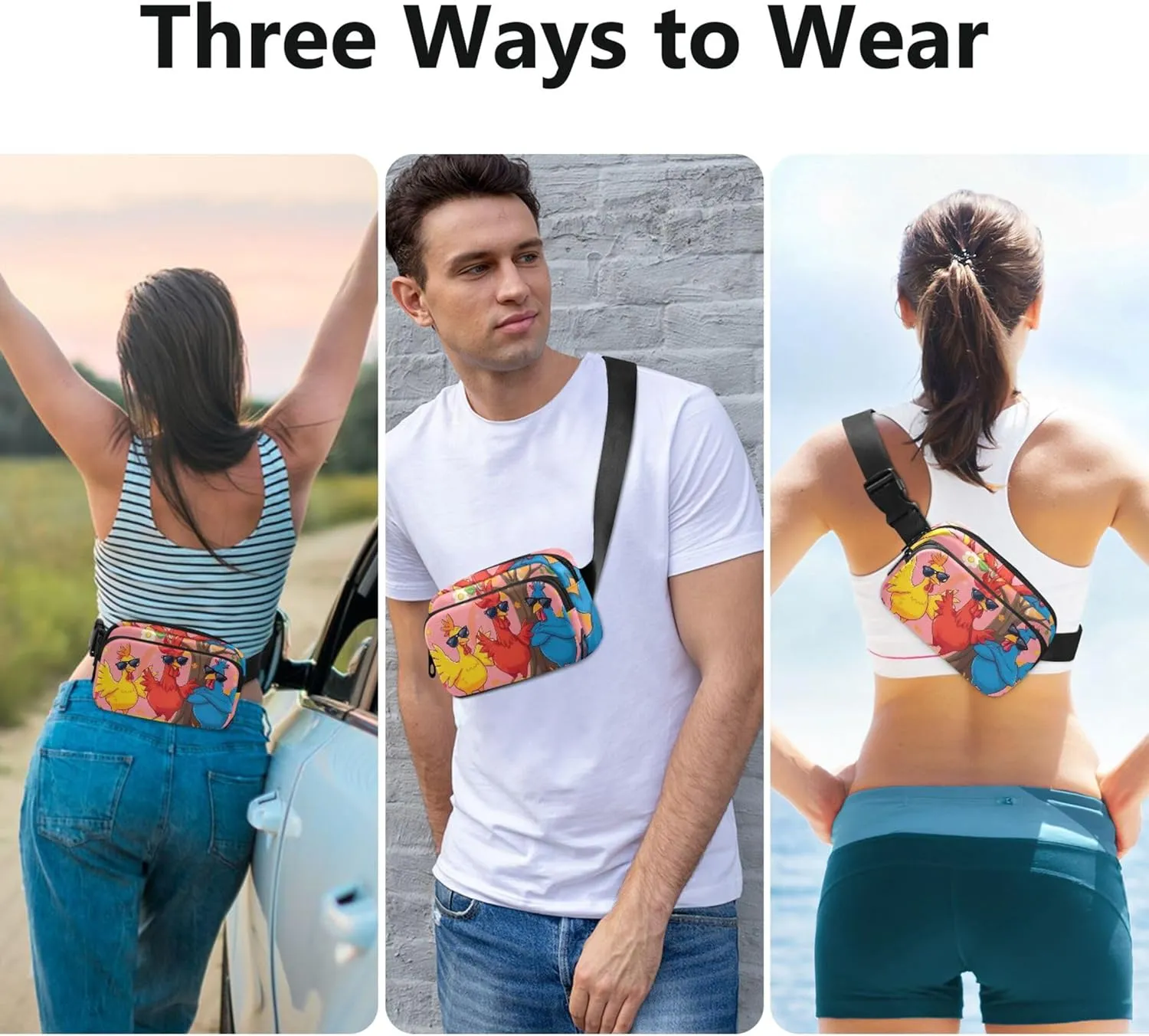 Cartoon Fun Colorful Chicken Fanny Packs for Women Waterproof Hip Pack Belt Bag Fashion Waist Bag for Women